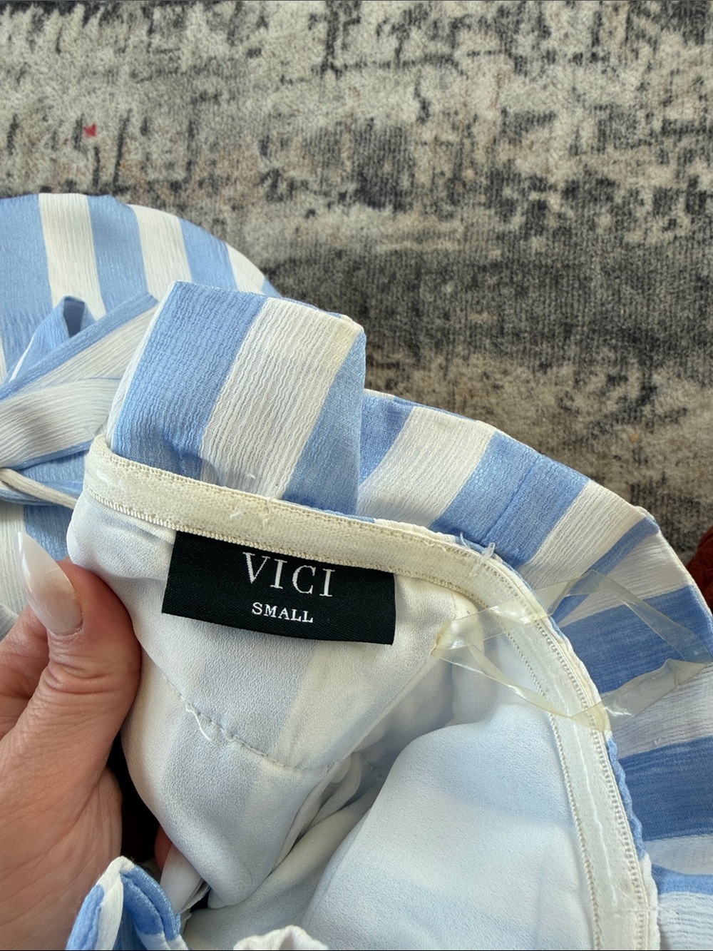 Vici Light Blue and White Striped Off-Shoulder Jumpsuit - Picture 5 of 5